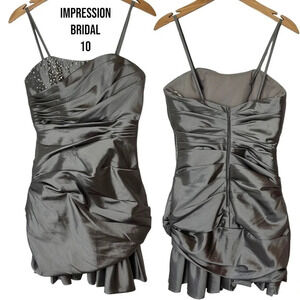 Impression Bridal Mini Dress 10‎ Gray Satin Ruched Beaded Spaghetti Strap Ruffle